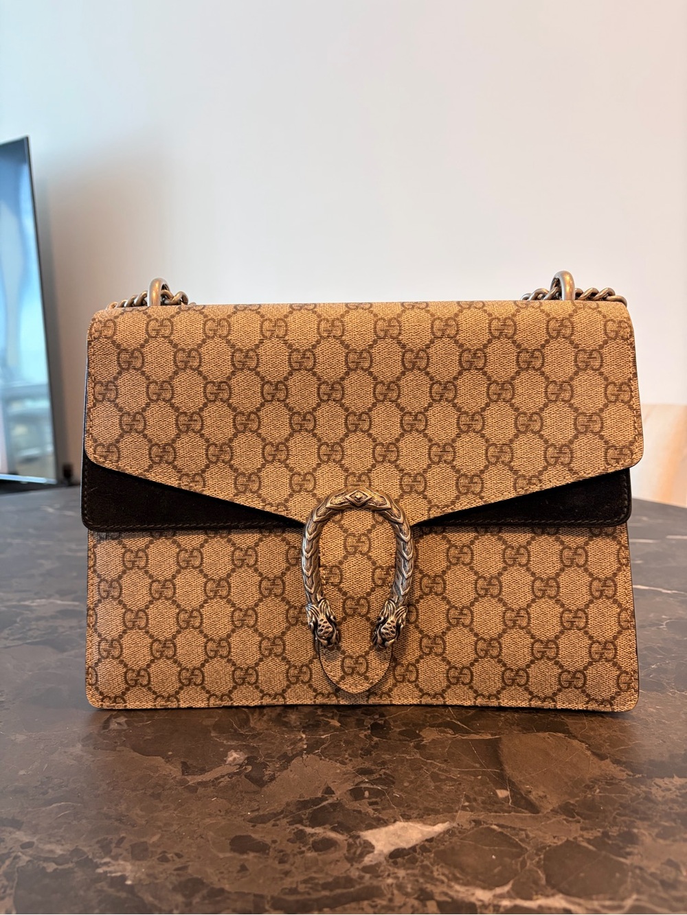 Gucci Tan Monogram Shoulder Bag with Antiqued Gold Hardware